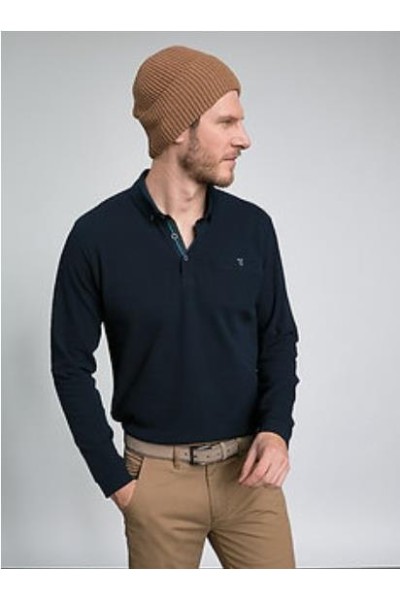 POLO LISO CUELLO BOTON MARINO